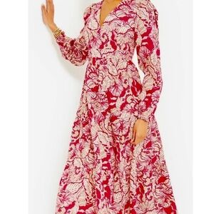 New with Tags Tinslee Long-sleeve Midi Dress Size 4 Poinsettia Red Island Vibes